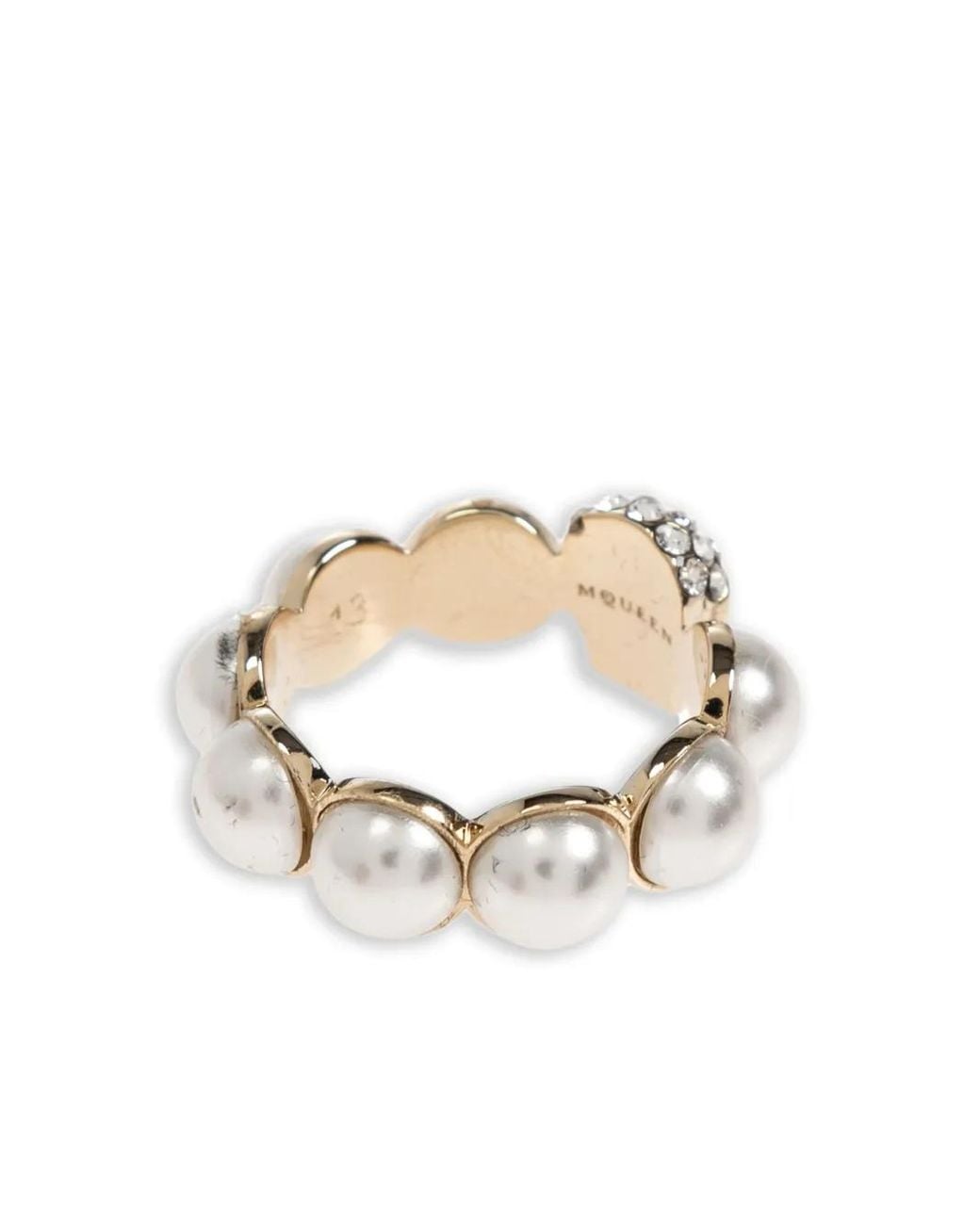 McQueen Metallic Skull And Pearl Ring