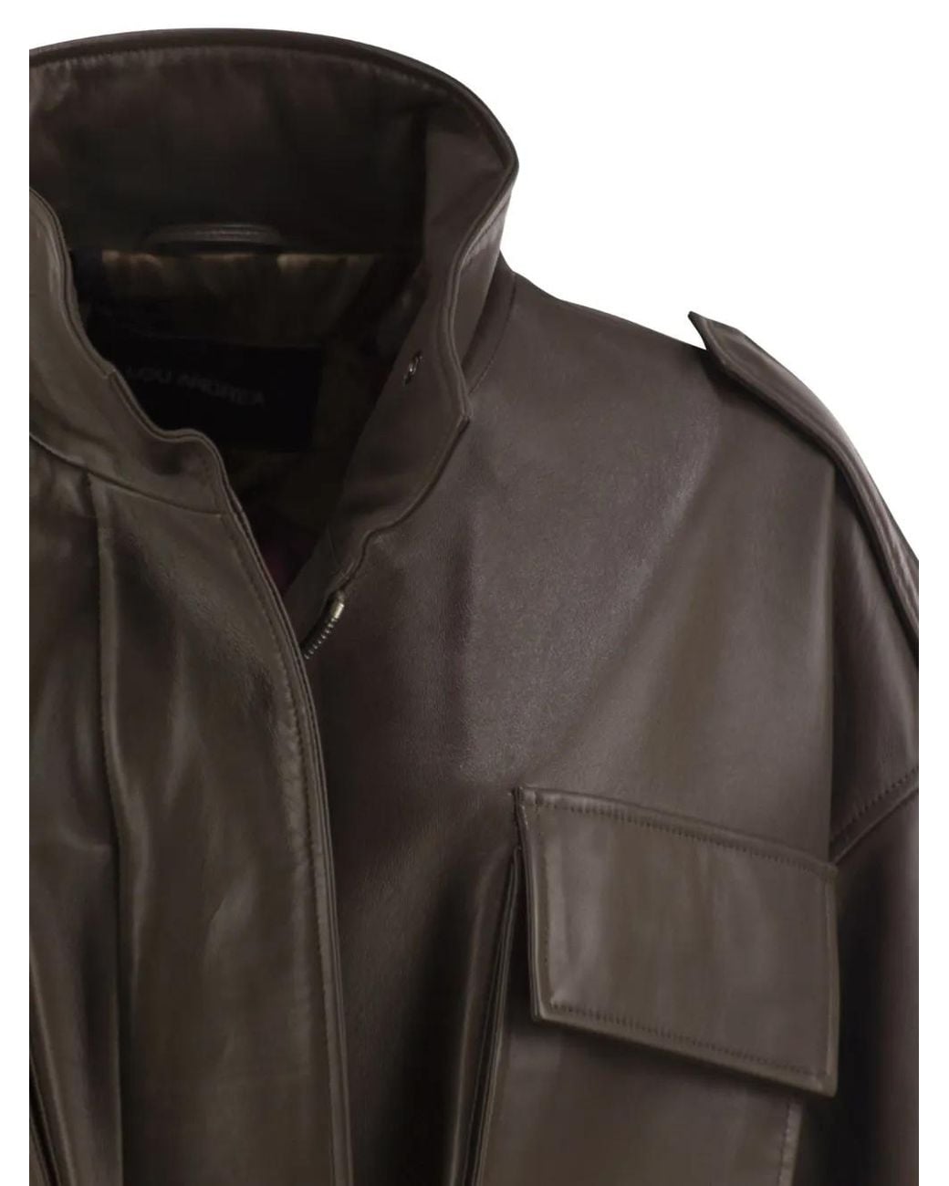 Lou Andrea Brown Cargo-Pocket High-Collar Leather Jacket