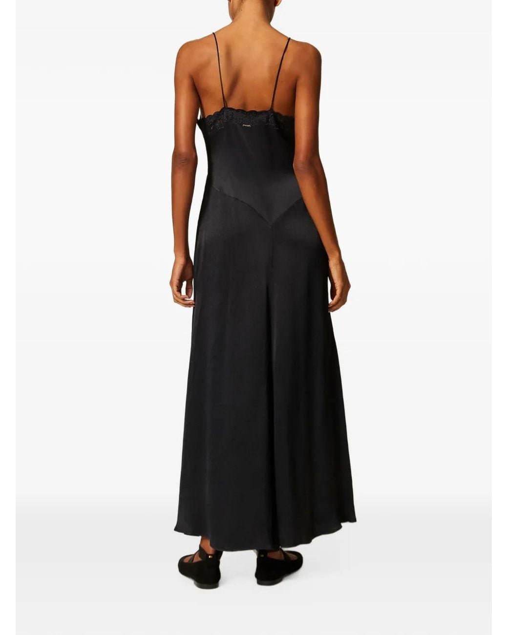 Twinset Black Long Envers Satin Dress With Embroidery