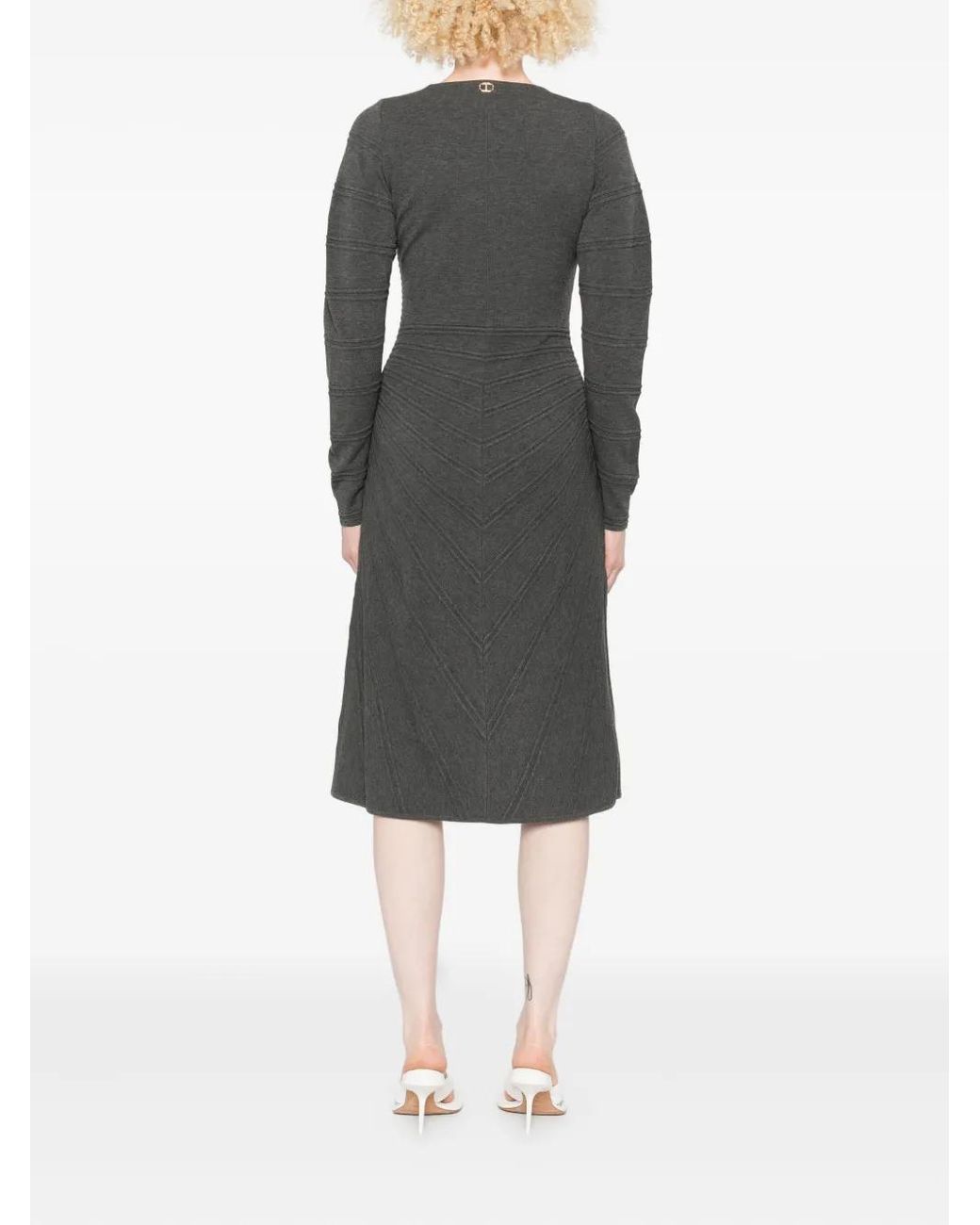Twinset Gray Textured-Knit V-Neck Mini Dress