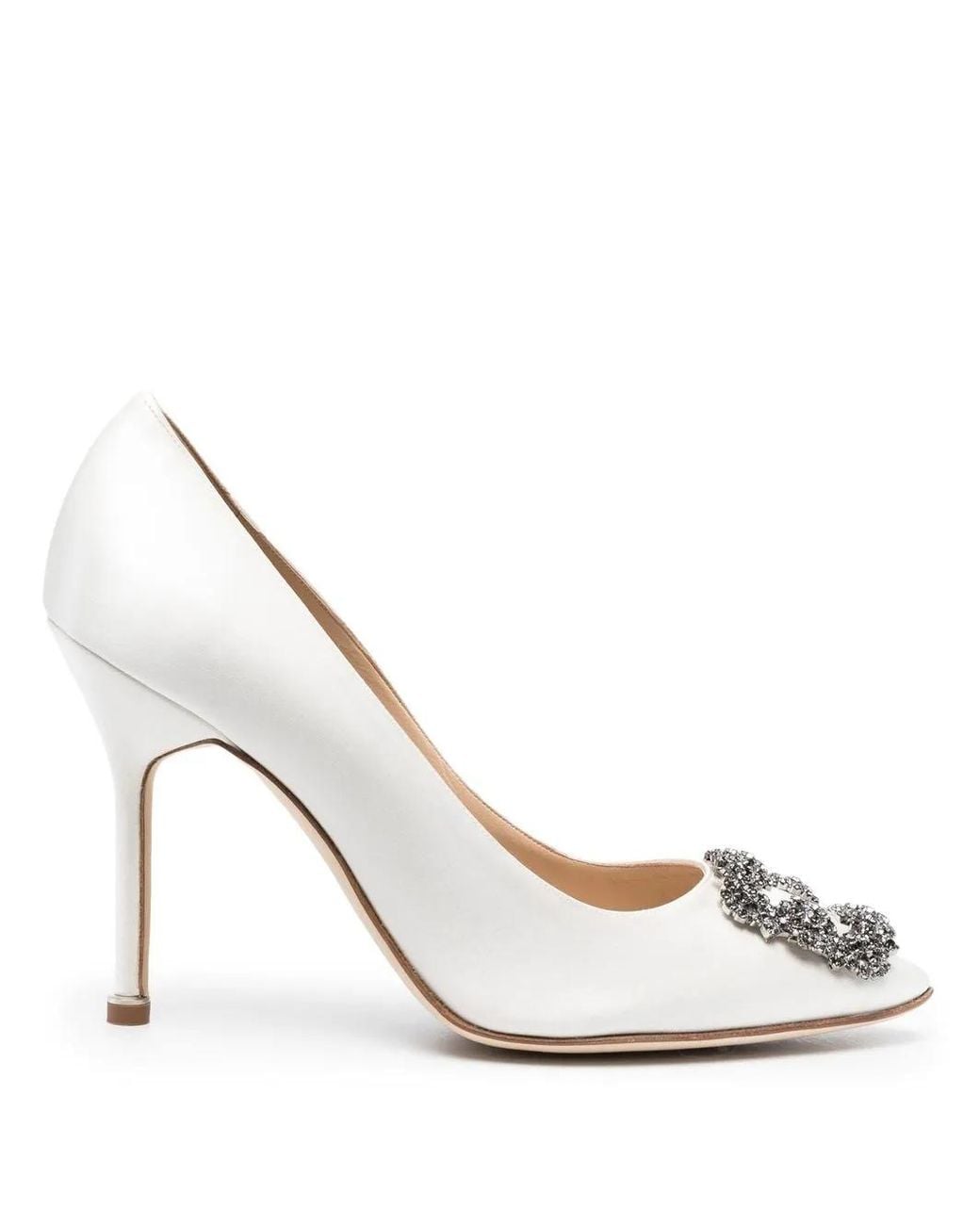 Manolo Blahnik White Hangisi Crystal-Buckle Heeled Pumps