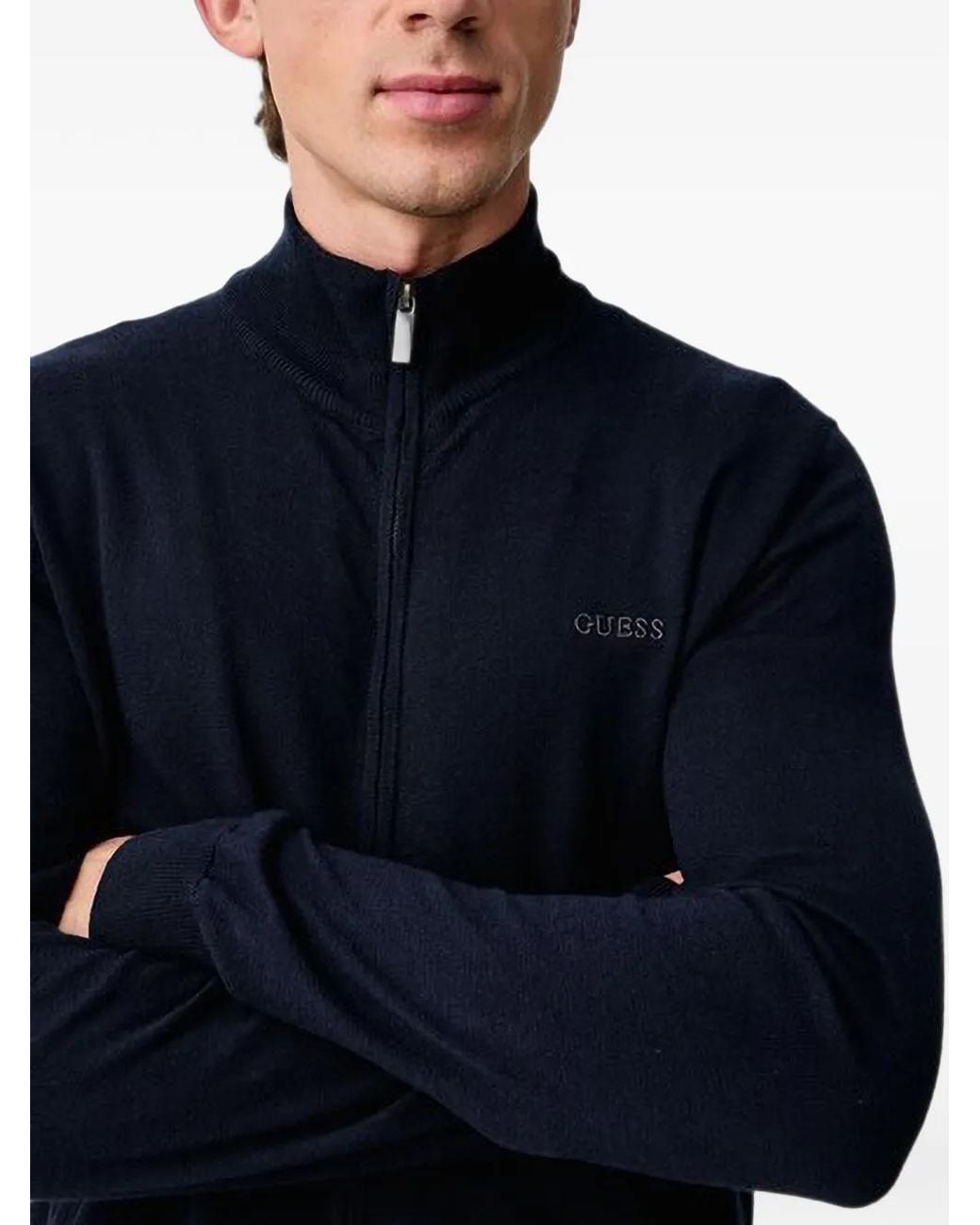 Guess Blue Logo-Embroidered Zip-Up Cardigan for men