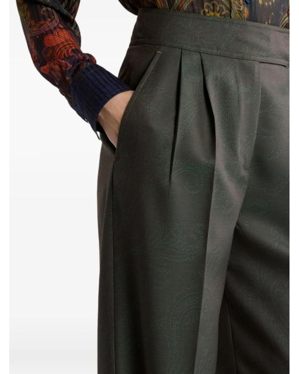 Etro Green Jacquard Wool Trousers With Pleats And Paisley Pattern
