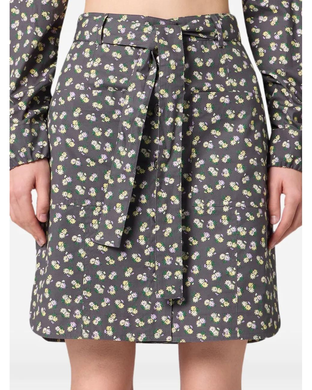 MSGM Gray Floral-Print Belted Mini Skirt