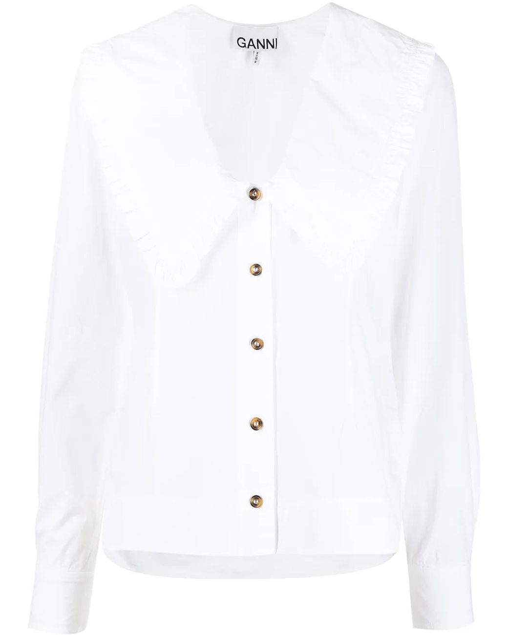 Ganni White Ruched Organic Cotton Collar Blouse