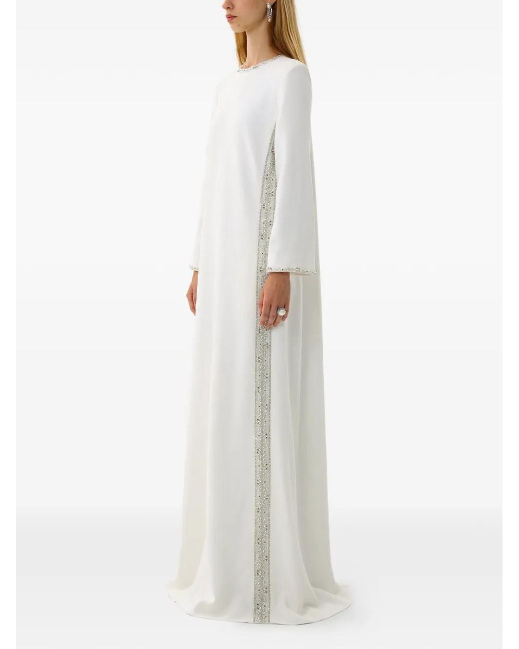Dina Melwani White Crystal-Trim Long-Sleeve Maxi Dress