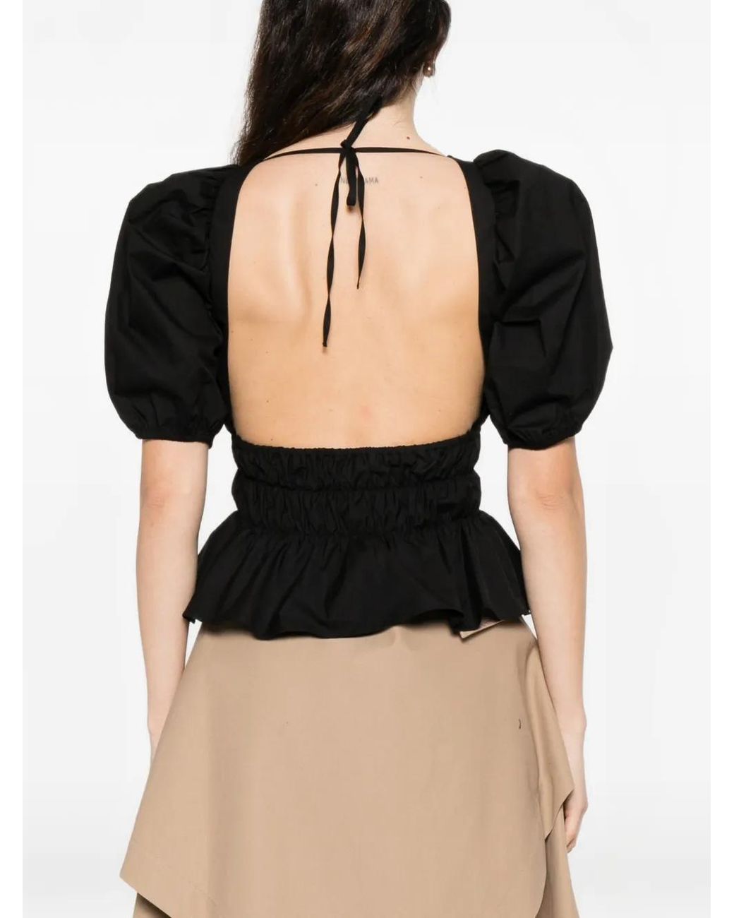 Pinko Black Cropped Top With Ruffles And Open Back