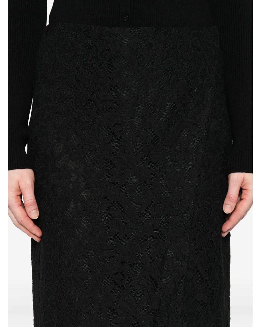 Blumarine Black Lace-Floral Midi Skirt
