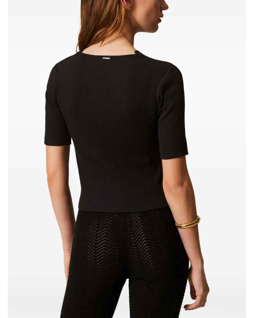 Twinset Black Ribbed T-Shirt With Lace