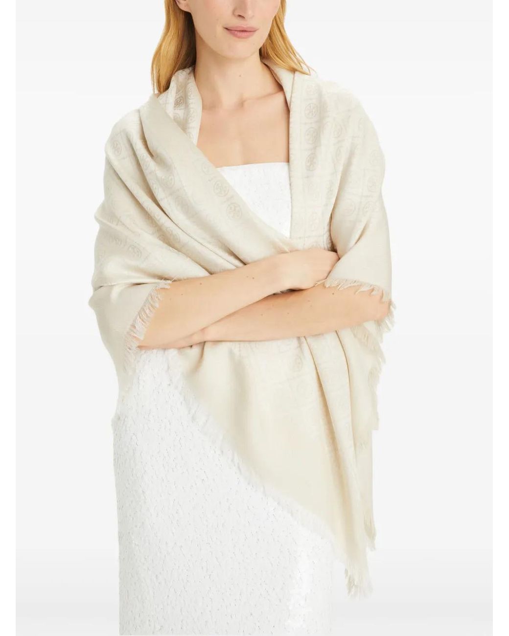 Tory Burch Natural T-Monogram Jacquard Scarf