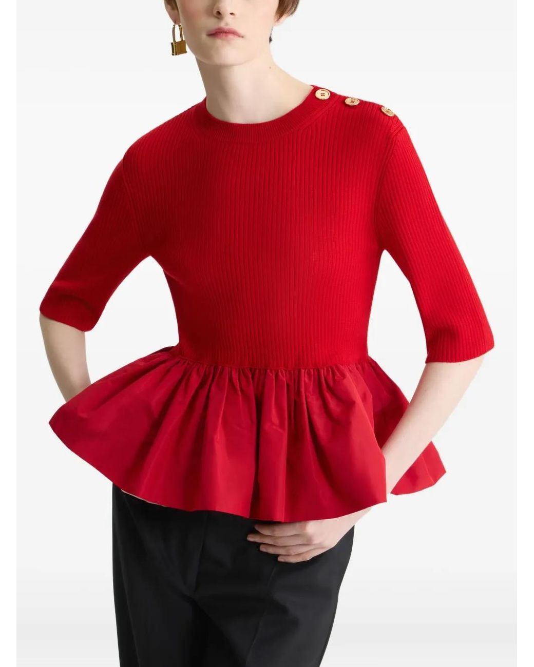 Patou Red Ruffle Hem Ribbed Jumper