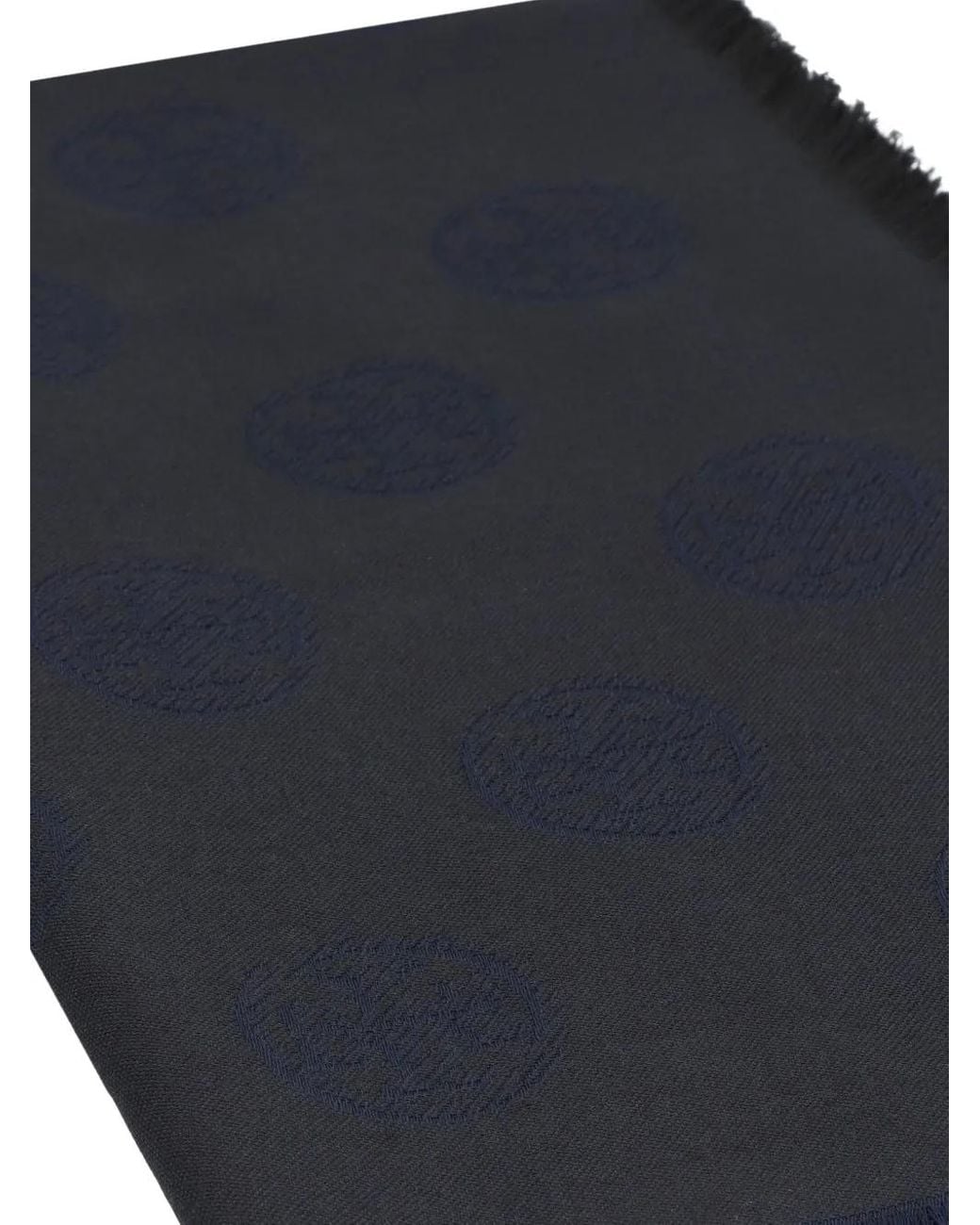 Tory Burch Blue Logo-Pattern Frayed-Edge Scarf