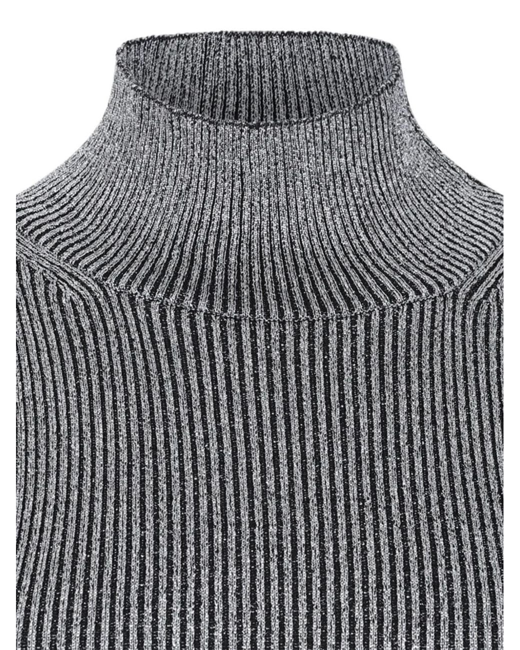 Missoni Gray Ribbed Knit Top With High Neck And Short Sleeves