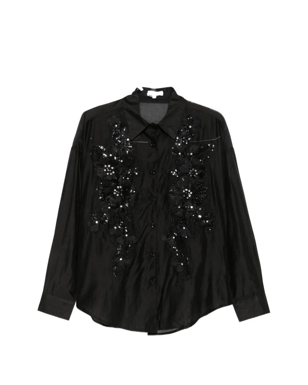 Paperlace Black Sequin-Embellished Floral-Appliqué Shirt
