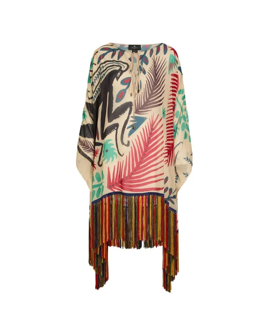 Etro White X Tabby Booth Seersucker Cover-Up Dress With Fringing And Placed Print