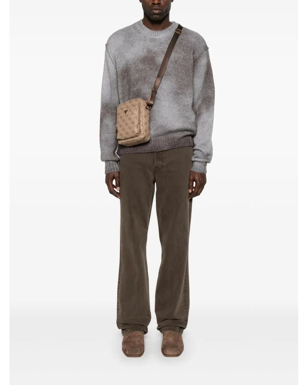 Guess Brown Monogram Messenger Bag for men