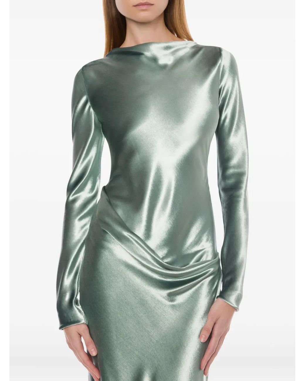 Alberta Ferretti Green Long Dress With Draped Details And Long Sleeves