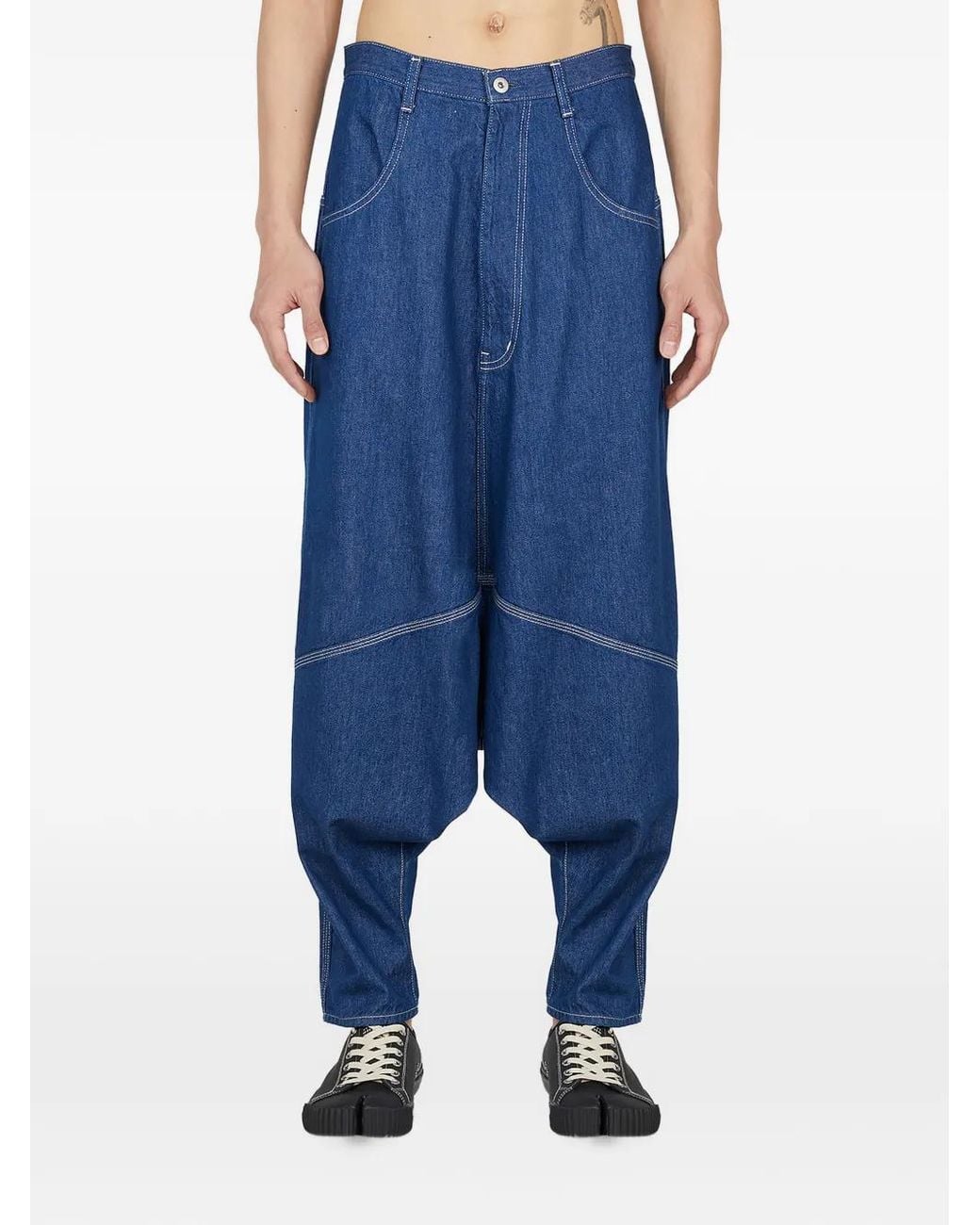 Sulvam Blue Contrast-Stitch Drop-Crotch Jeans for men
