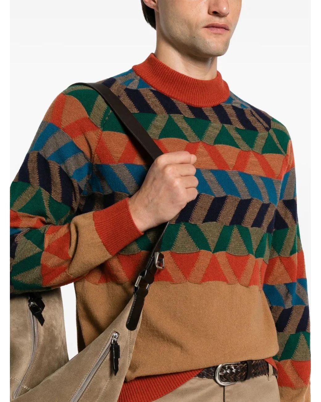GALLIA Natural Franz Geometric-Pattern High-Neck Sweater for men