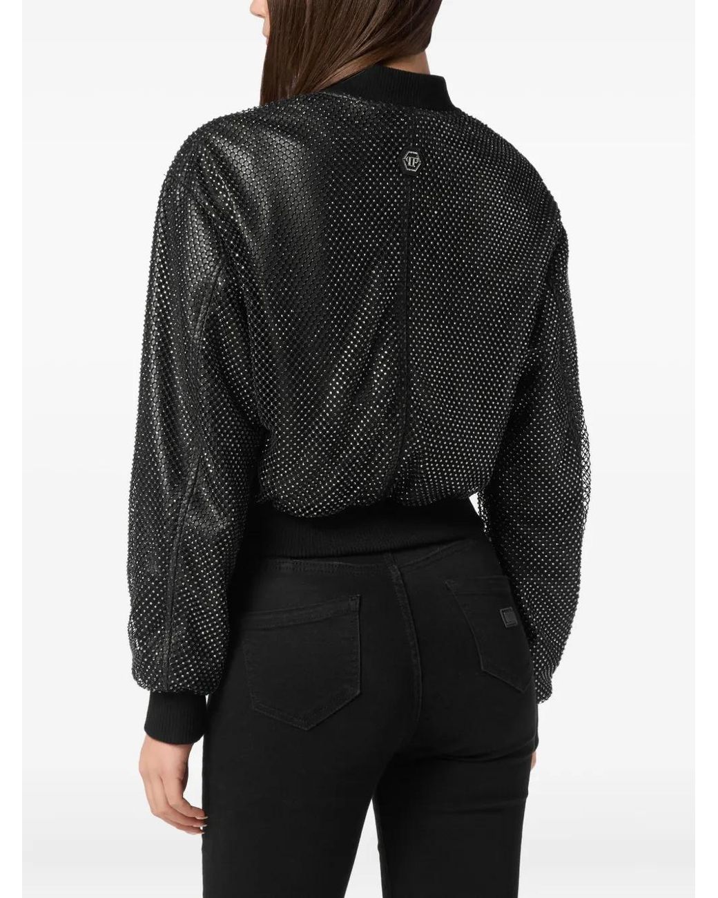 Philipp Plein Black Leather Crop Bomber Crystal