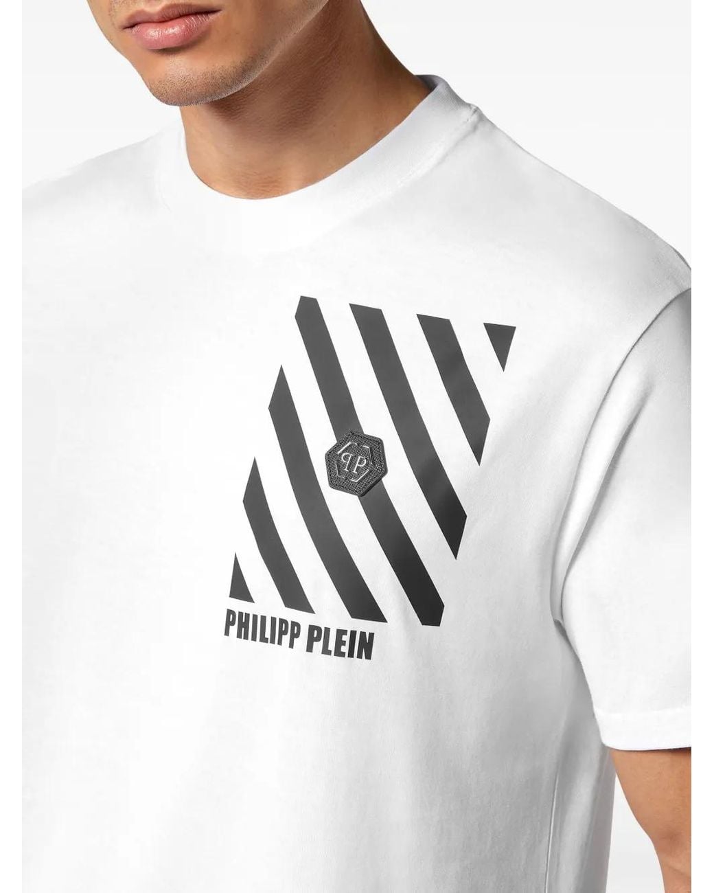 Philipp Plein White Striped Cotton T-Shirt for men