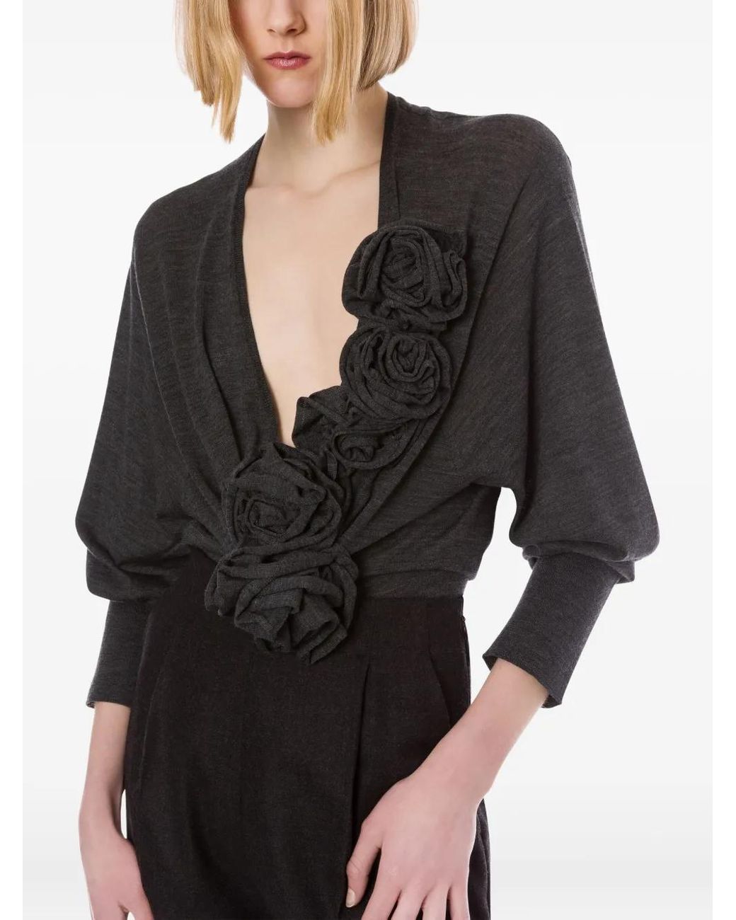 Alberta Ferretti Black Sculptural Sweater With Deep V-Neck