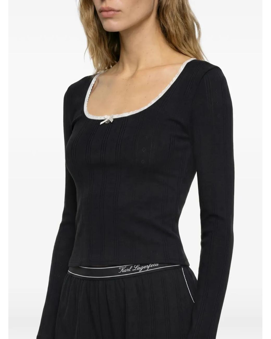 Karl Lagerfeld Black Pyjama En Maille Pointelle À Finitions En Dentelle