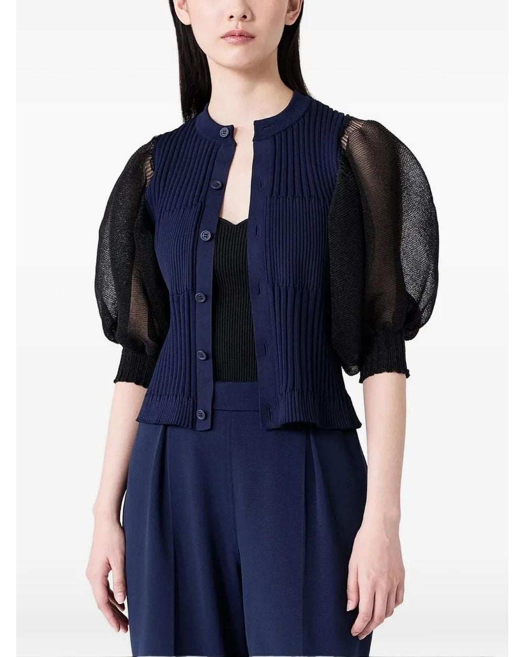 CFCL Blue Ribbed Puff-Sleeve Cardigan