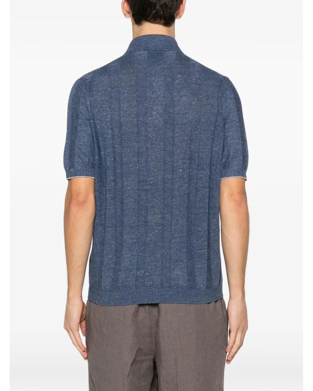 Brunello Cucinelli Blue Linen And Cotton Wide Rib Knit Polo for men