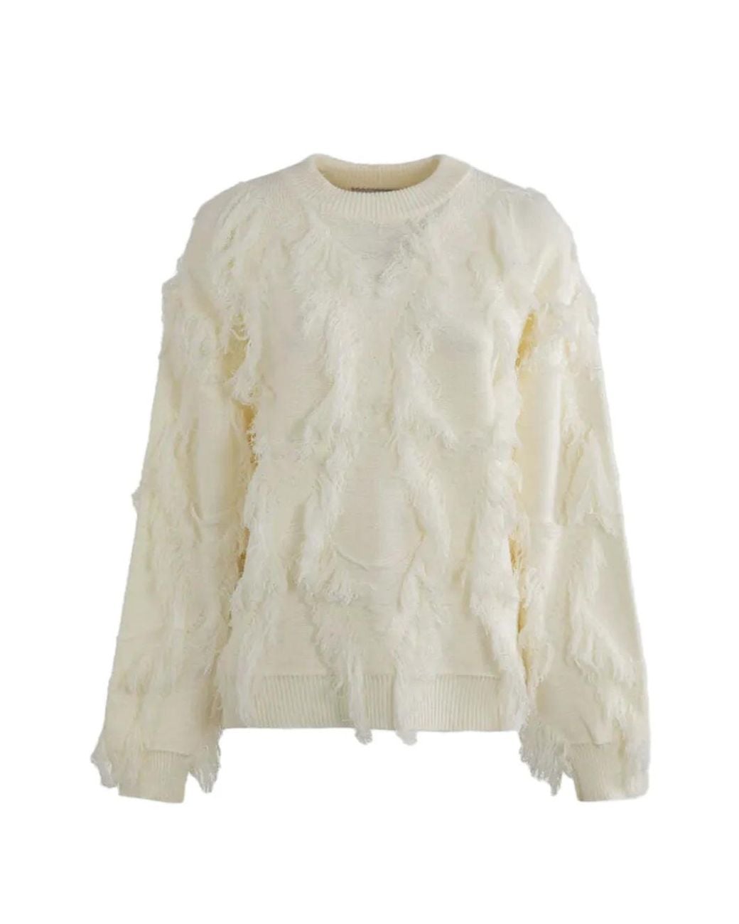 Gaelle Paris White Fringed Diamond-Pattern Sweater