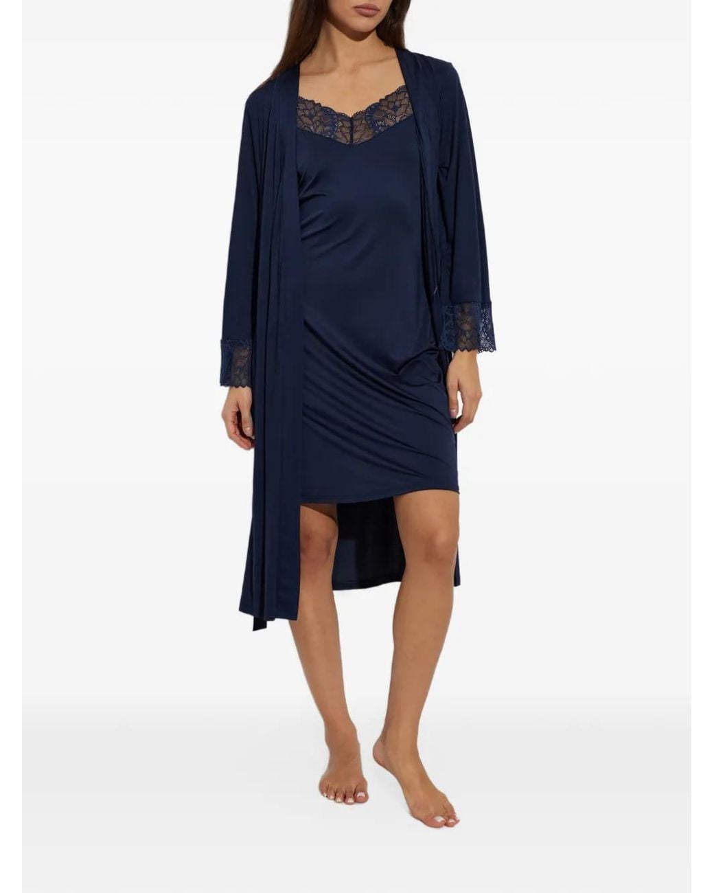 Hanro Blue Azelia Lace-Trim Dressing Gown