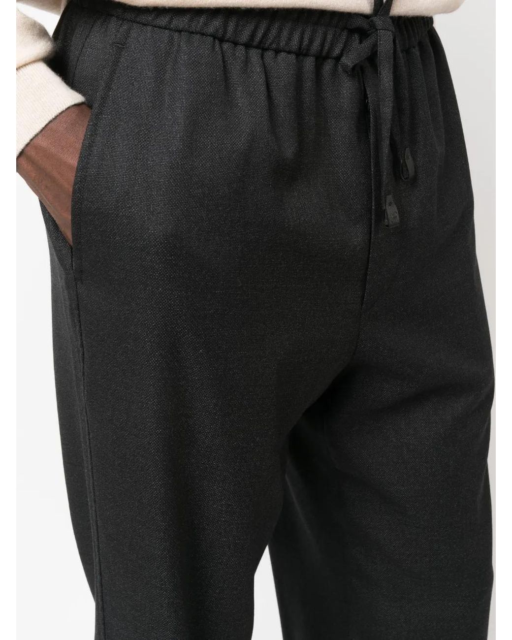 Brioni Black Drawstring-Waist Wool Trousers for men