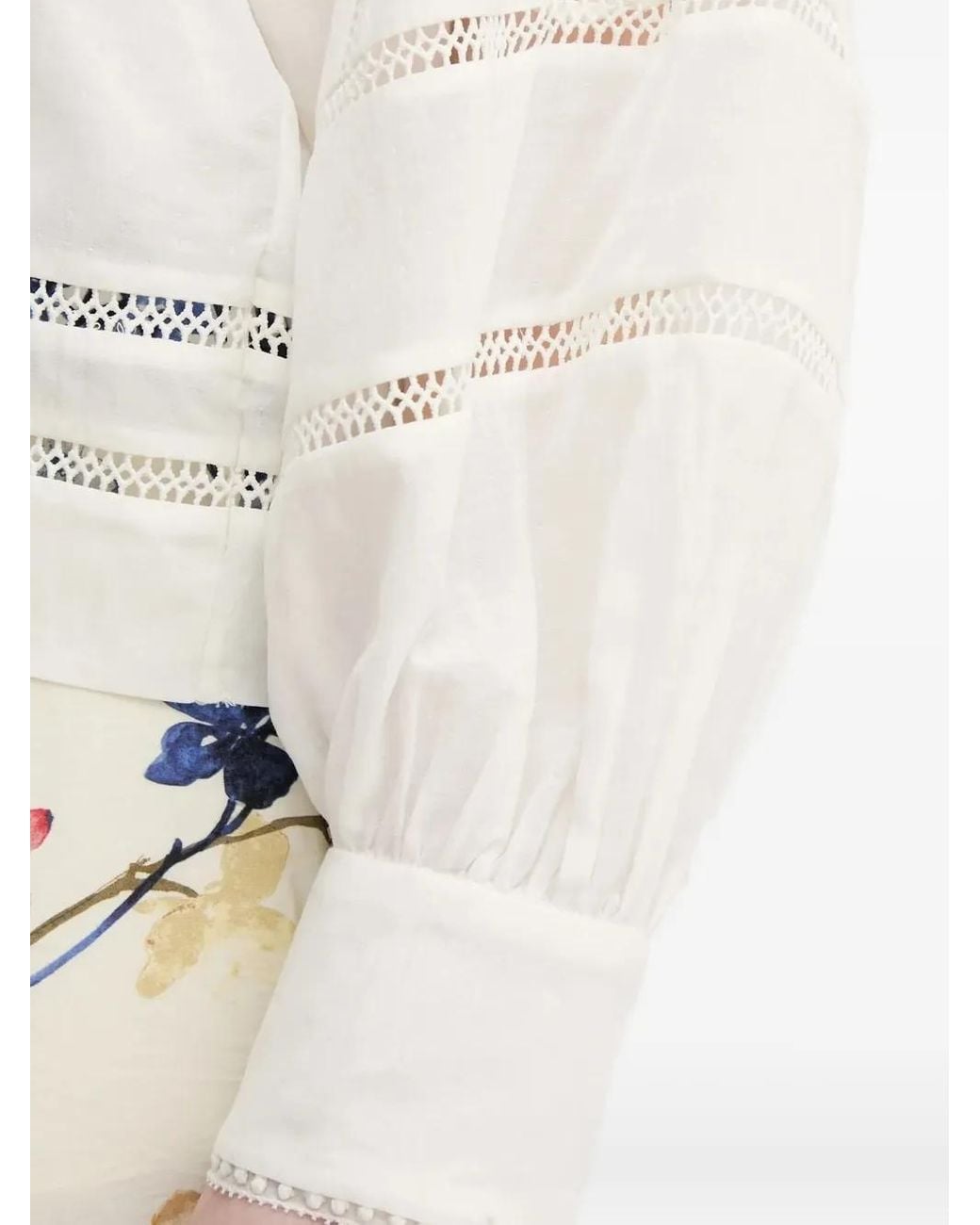 Munthe White Lace-Insert Puff-Sleeve Top