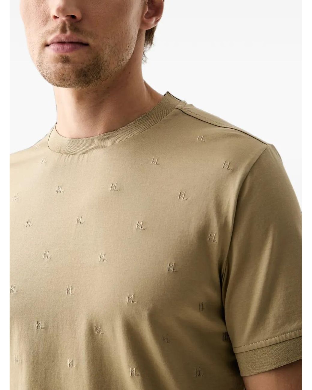 Karl Lagerfeld Natural Monogram-Embossed Logo-Patch T-Shirt for men