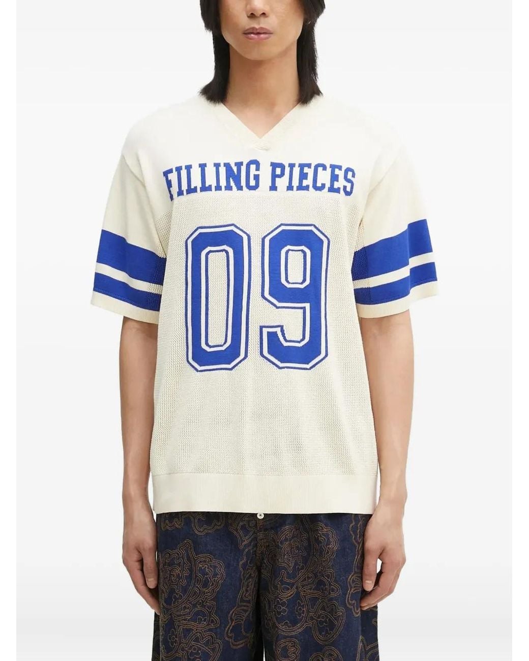 Filling Pieces Blue V-Neck Logo-Print T-Shirt for men