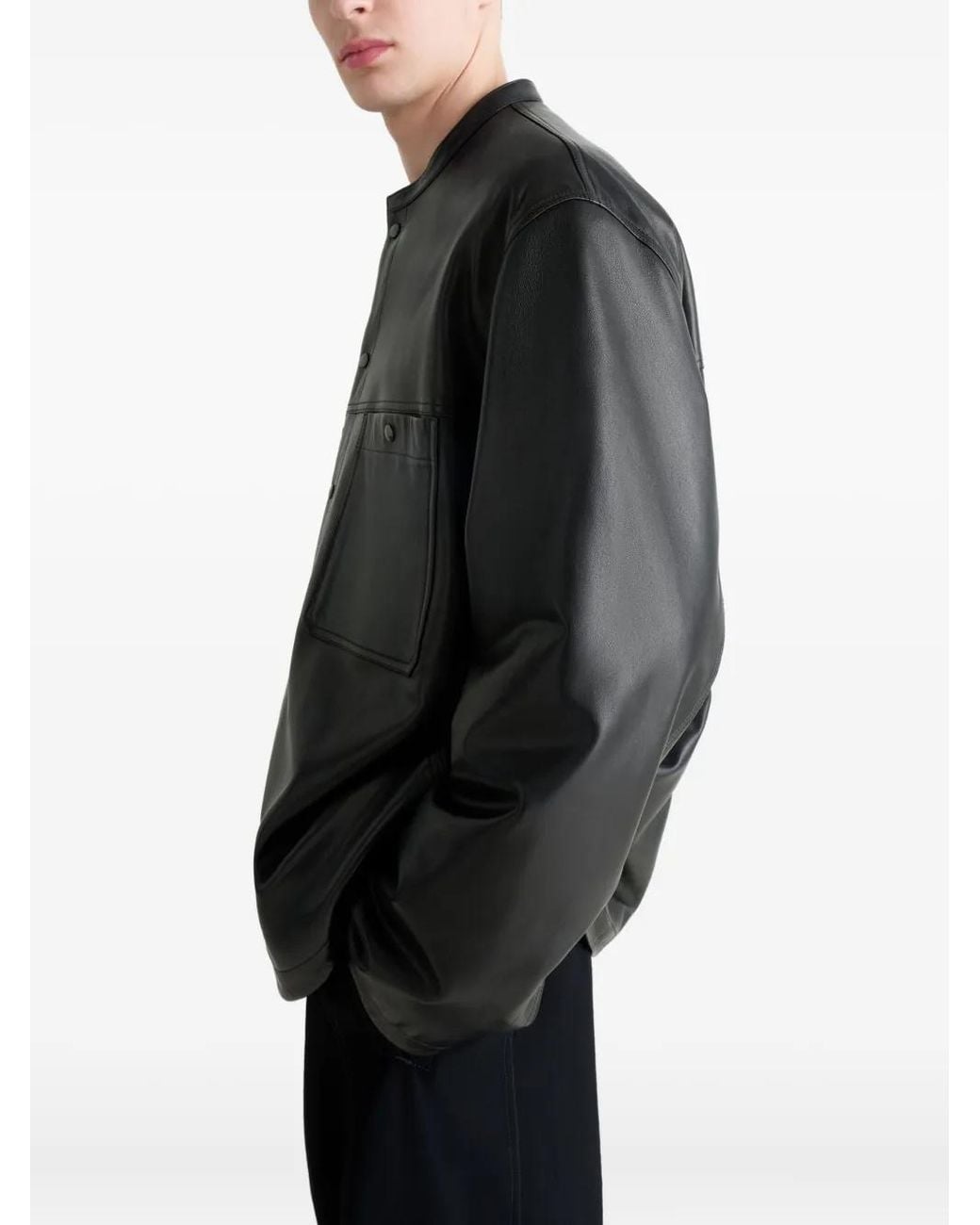 Lemaire Black Snap-Closure Patch-Pocket Leather Overshirt for men