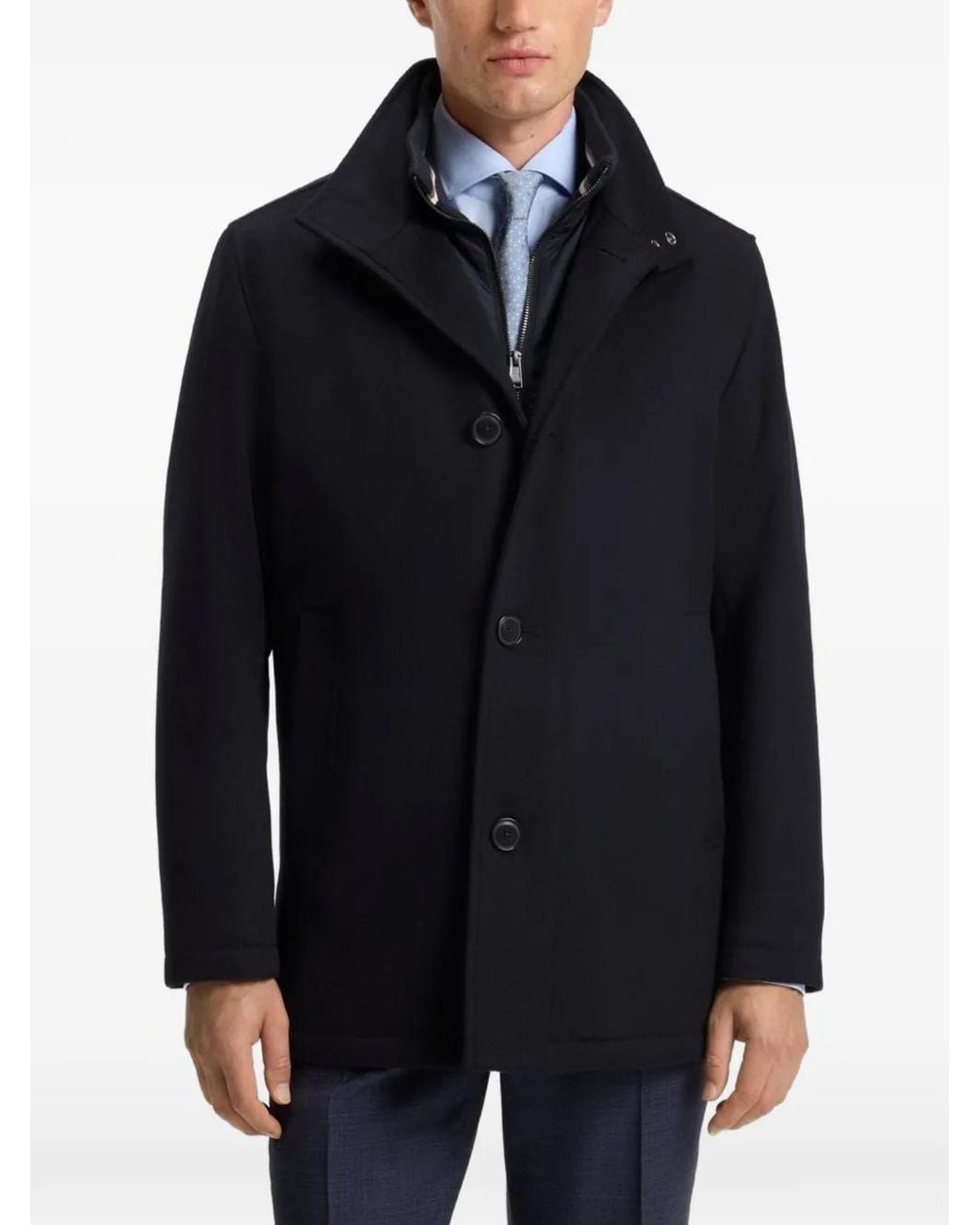 Boss Blue High-Neck Single-Breasted Coat for men