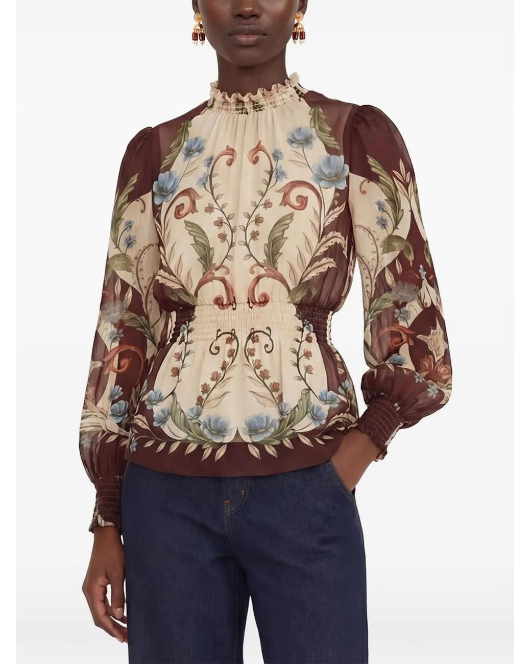 Farm Rio Blue Floral-Print Ruffled Blouse
