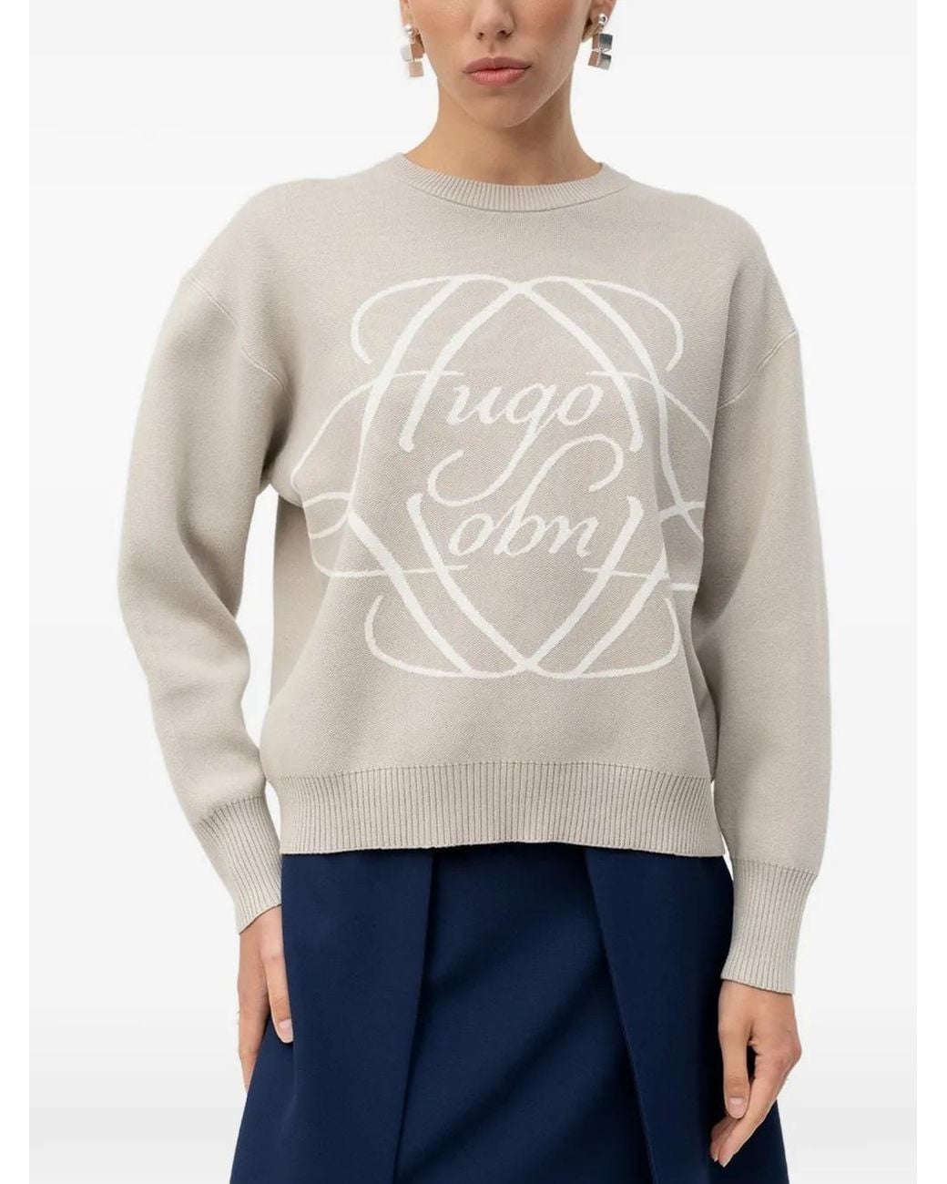 HUGO Gray Logo-Intarsia Crew-Neck Sweater