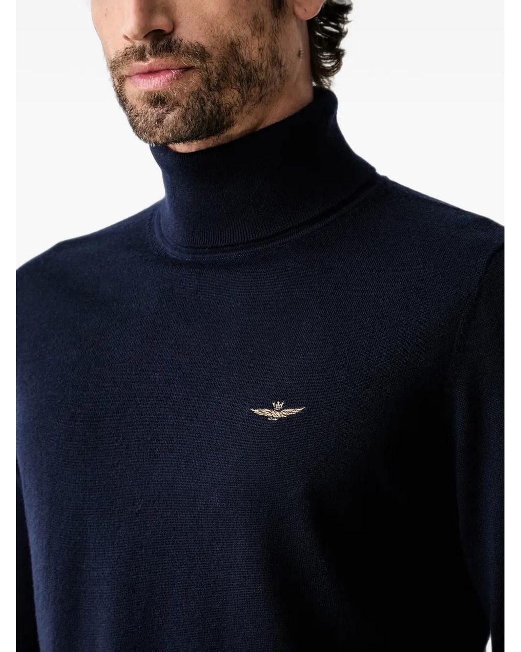 Aeronautica Militare Blue Roll-Neck Embroidered Sweater for men