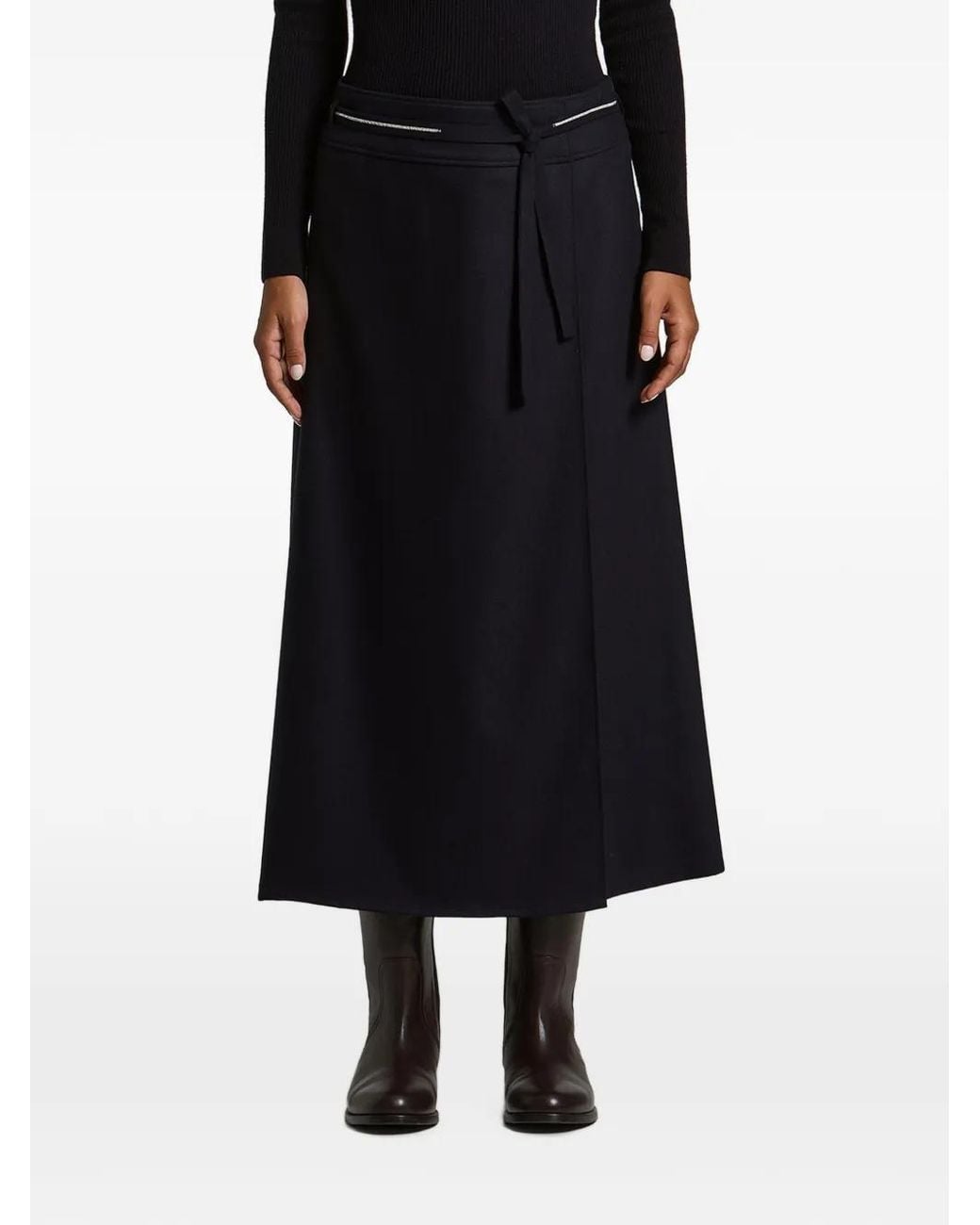 Peserico Black Wrap-Style Belted Midi Skirt