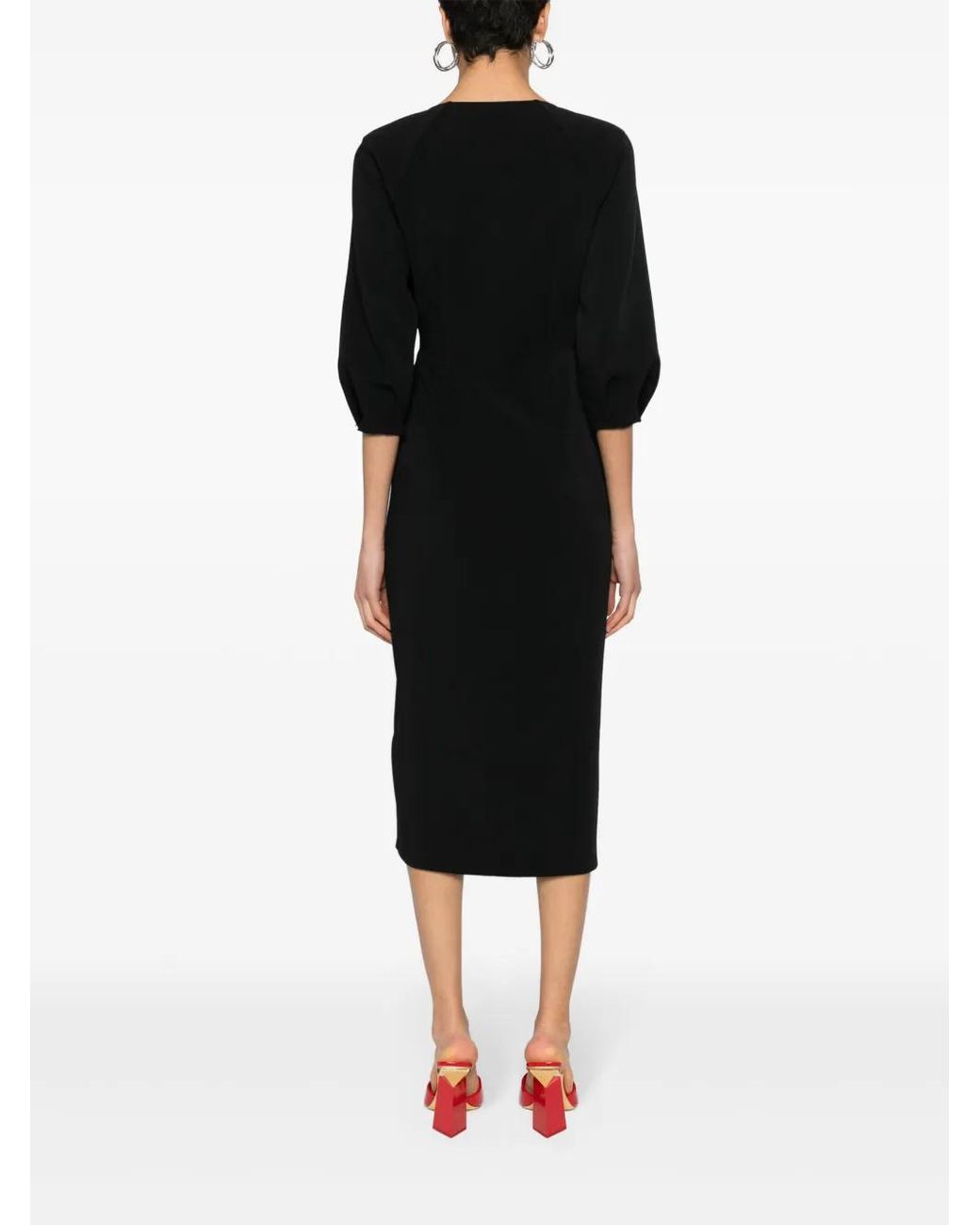Nissa Black Wrap-Design Crepe Midi Dress