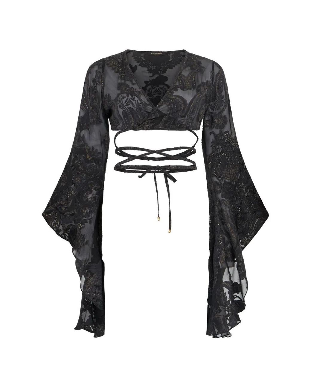 Roberto Cavalli Black Floral Bell-Sleeve Blouse