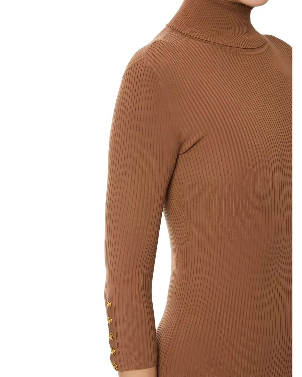 Elisabetta Franchi Ribbed Chest-Pocket Midi Dress in Brown