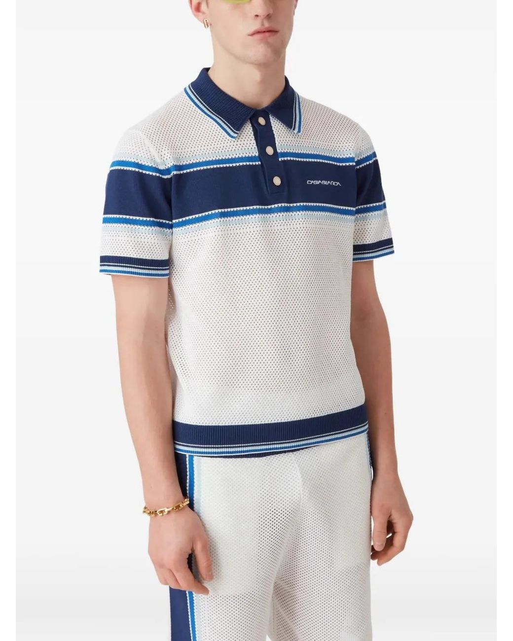 Casablanca Blue Striped Mesh Short Sleeve Polo Shirt for men