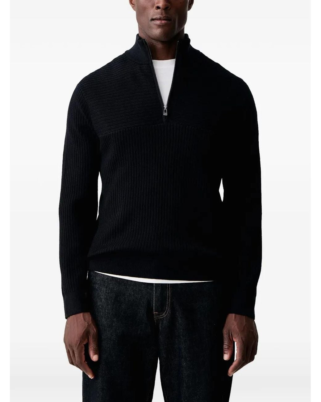 ARMANI EXCHANGE Black Ribbed Quarter-Zip Sweater for men