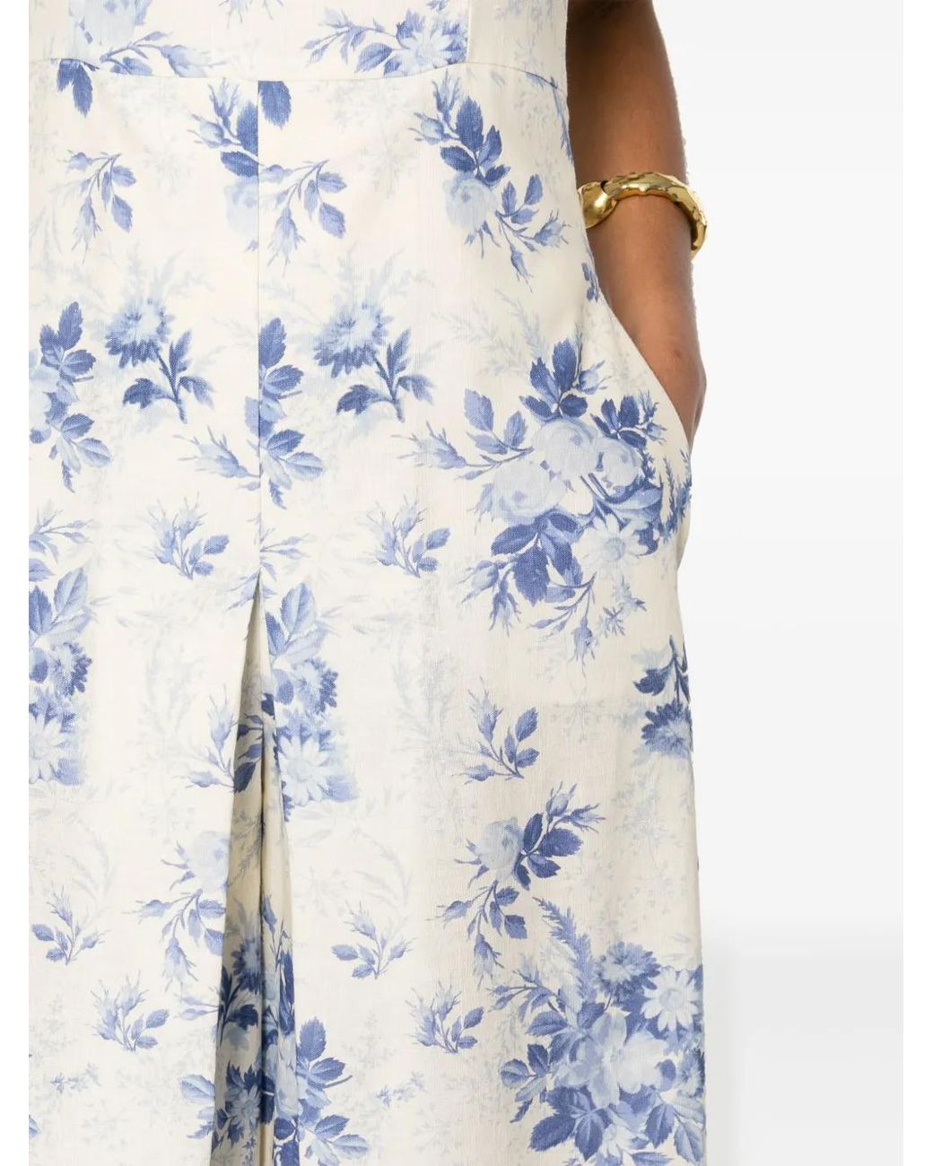 Twinset White Floral-Print Chambray Jumpsuit