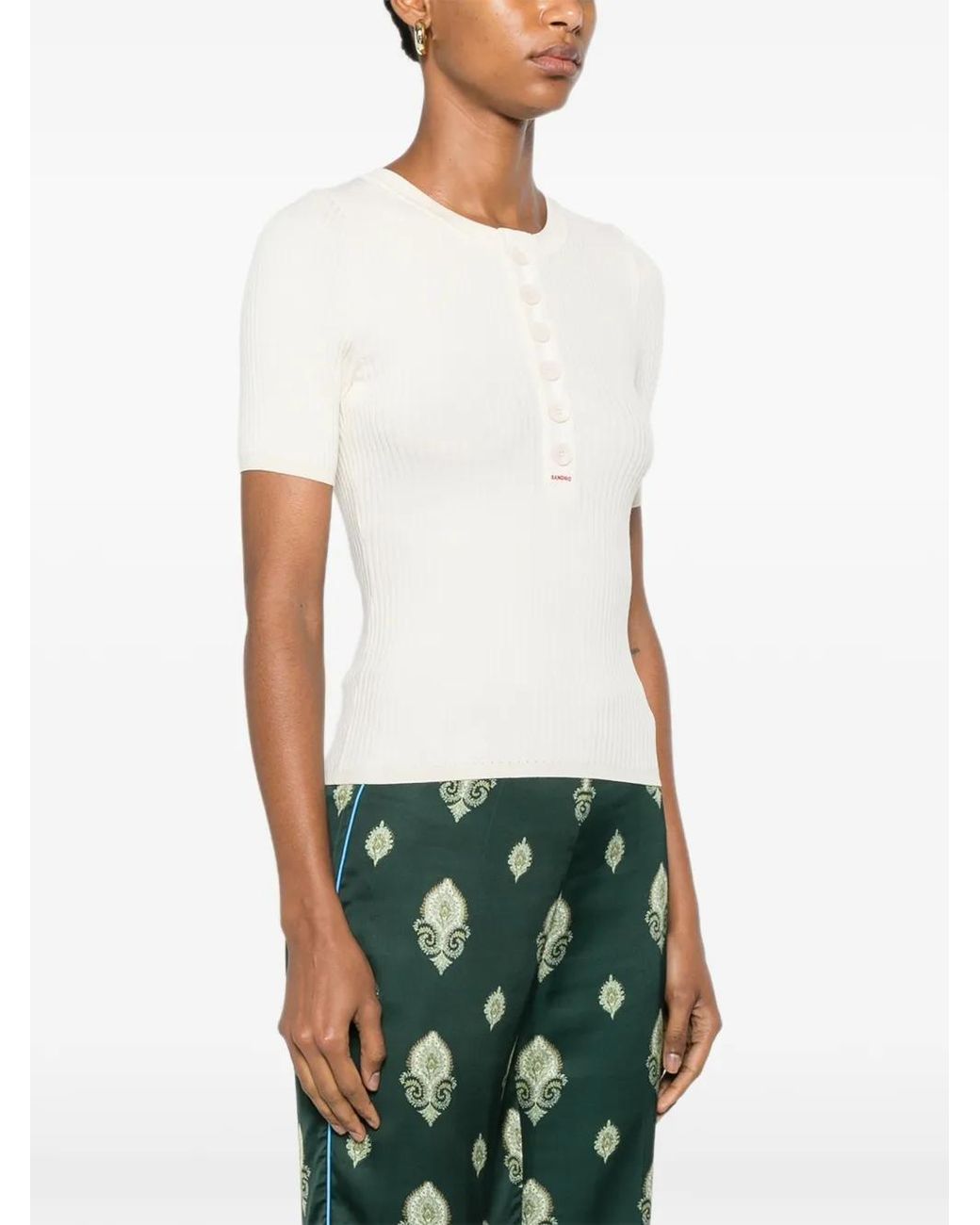 Sandro White Ribbed Button Placket Knit Top