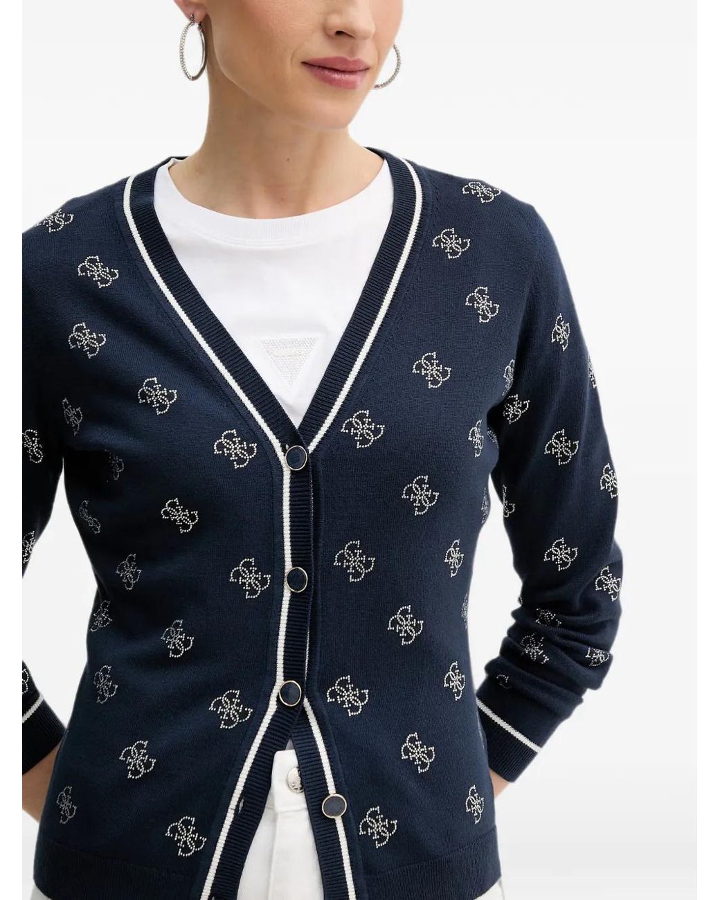 Guess Blue 4G Logo Rhinestones Cardigan