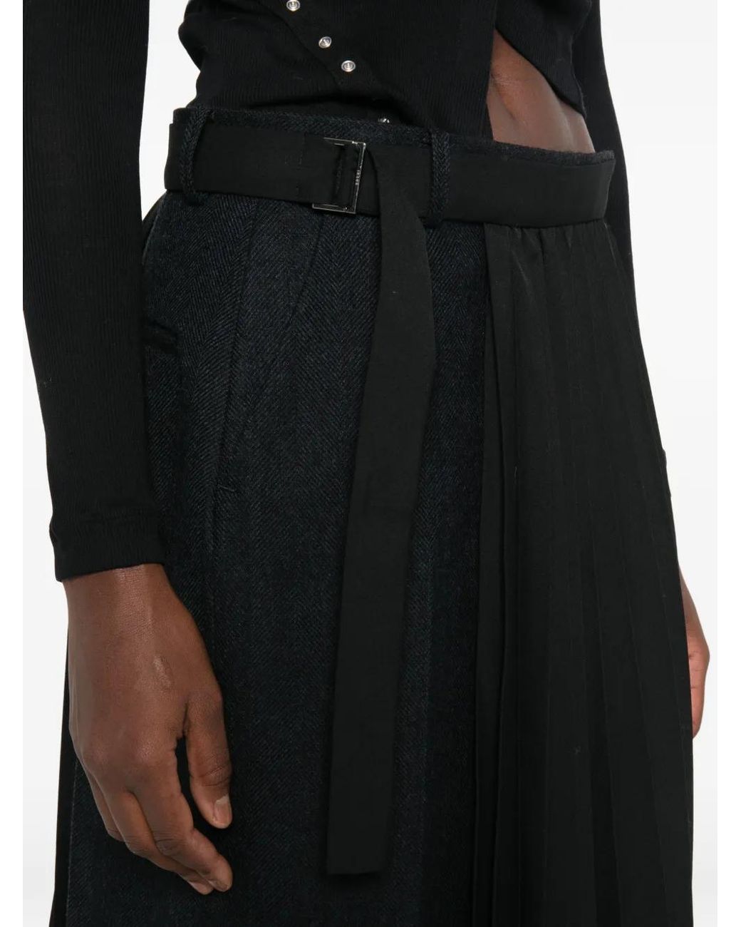 Sacai Black Double-Faced Herringbone Pleated Maxi Skirt
